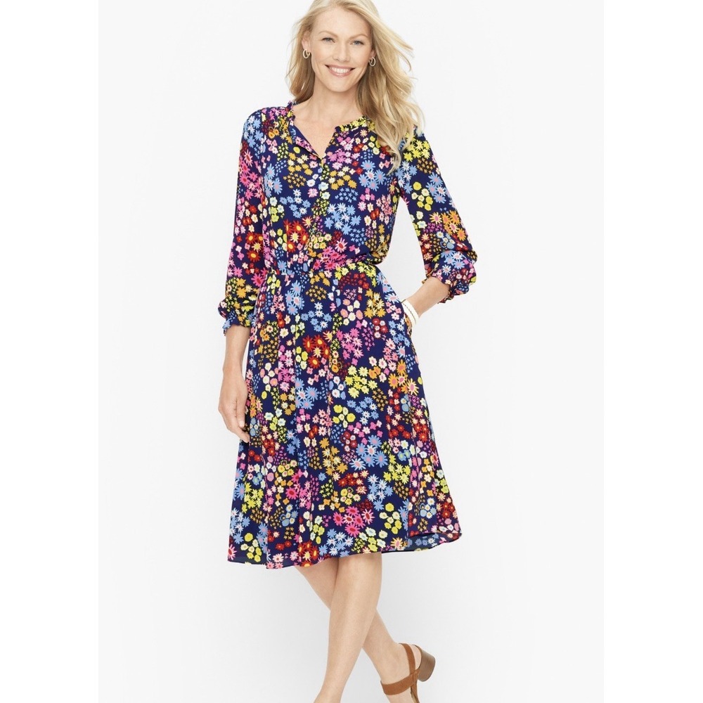 Talbots Women's Floral Print Fit & Flare Cottage Garden Long Sleeve Dress XL